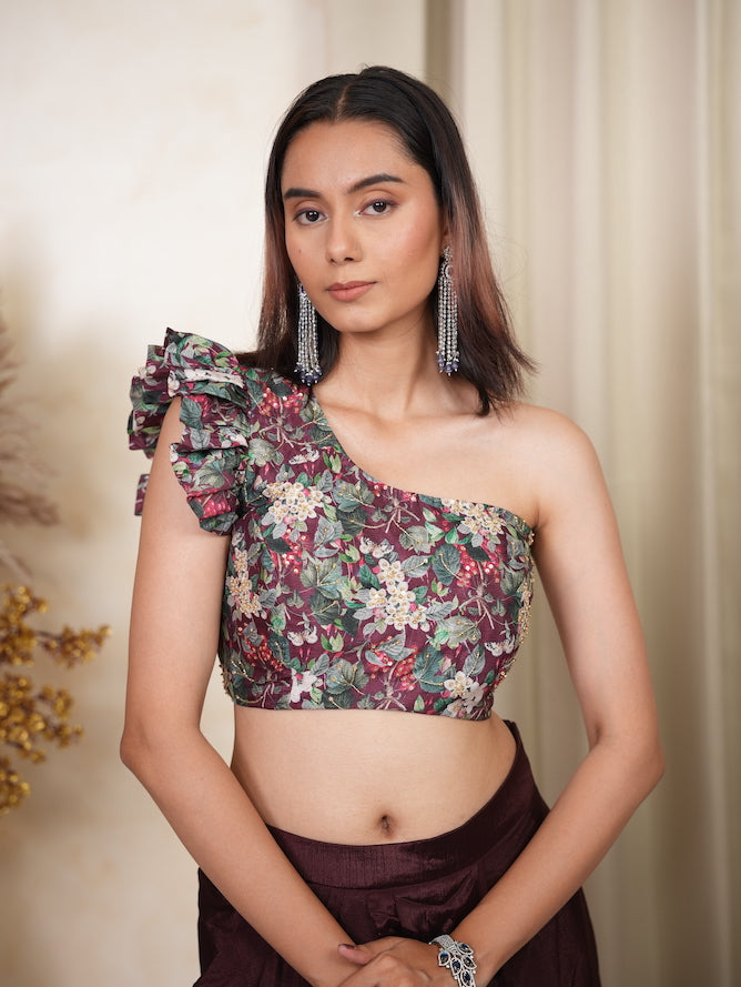 Wine Floral One-Shoulder Draped Skirt Set