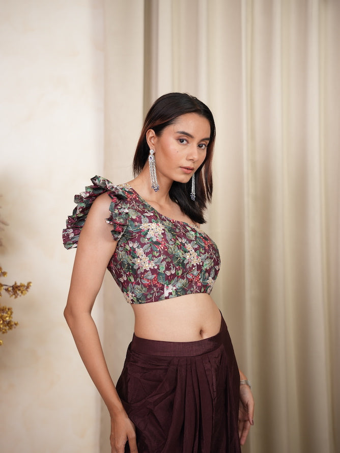 Wine Floral One-Shoulder Draped Skirt Set