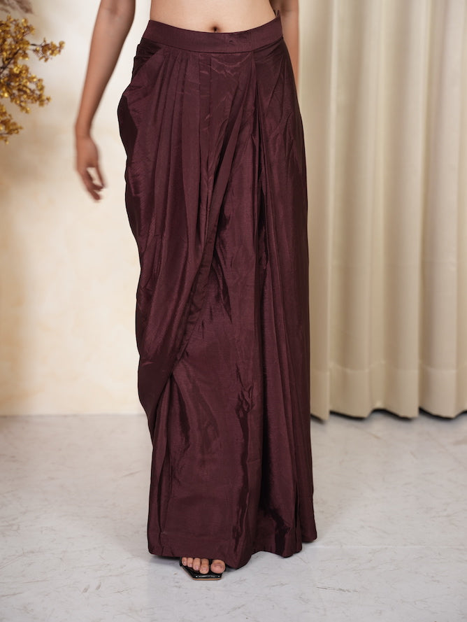 Wine Floral One-Shoulder Draped Skirt Set