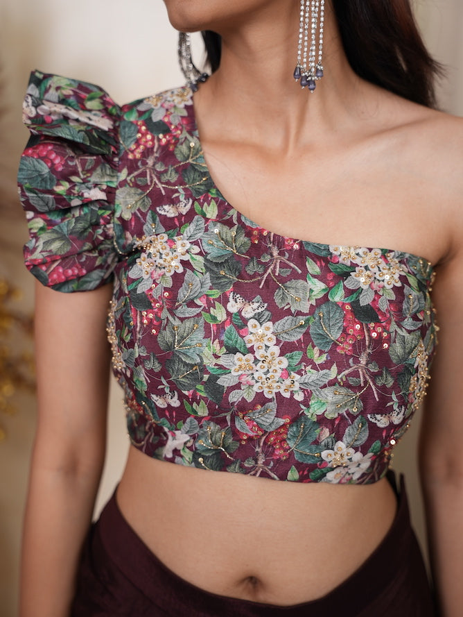 Wine Floral One-Shoulder Draped Skirt Set