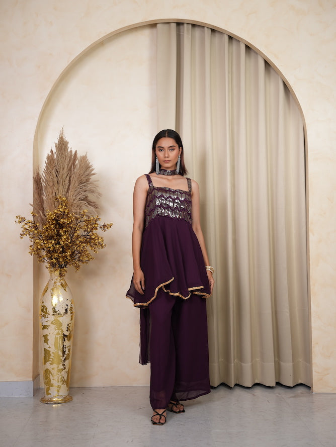 Purple Sequin Peplum Kurta Sharara Set