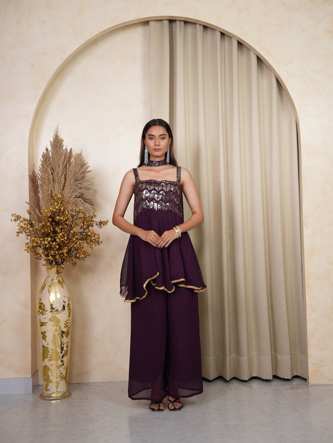 Purple Sequin Peplum Kurta Sharara Set