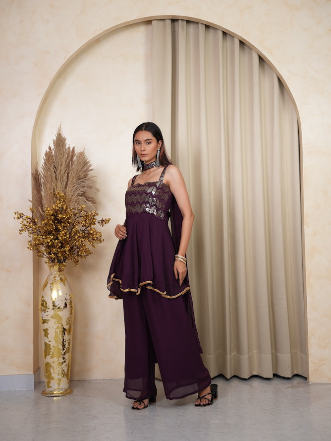 Purple Sequin Peplum Kurta Sharara Set