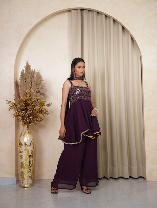 Purple Sequin Peplum Kurta Sharara Set