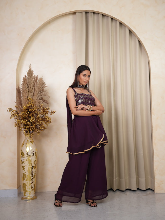 Purple Sequin Peplum Kurta Sharara Set