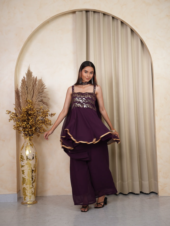 Purple Sequin Peplum Kurta Sharara Set