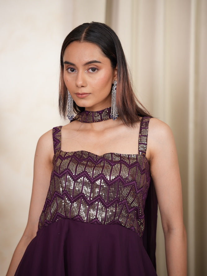 Purple Sequin Peplum Kurta Sharara Set