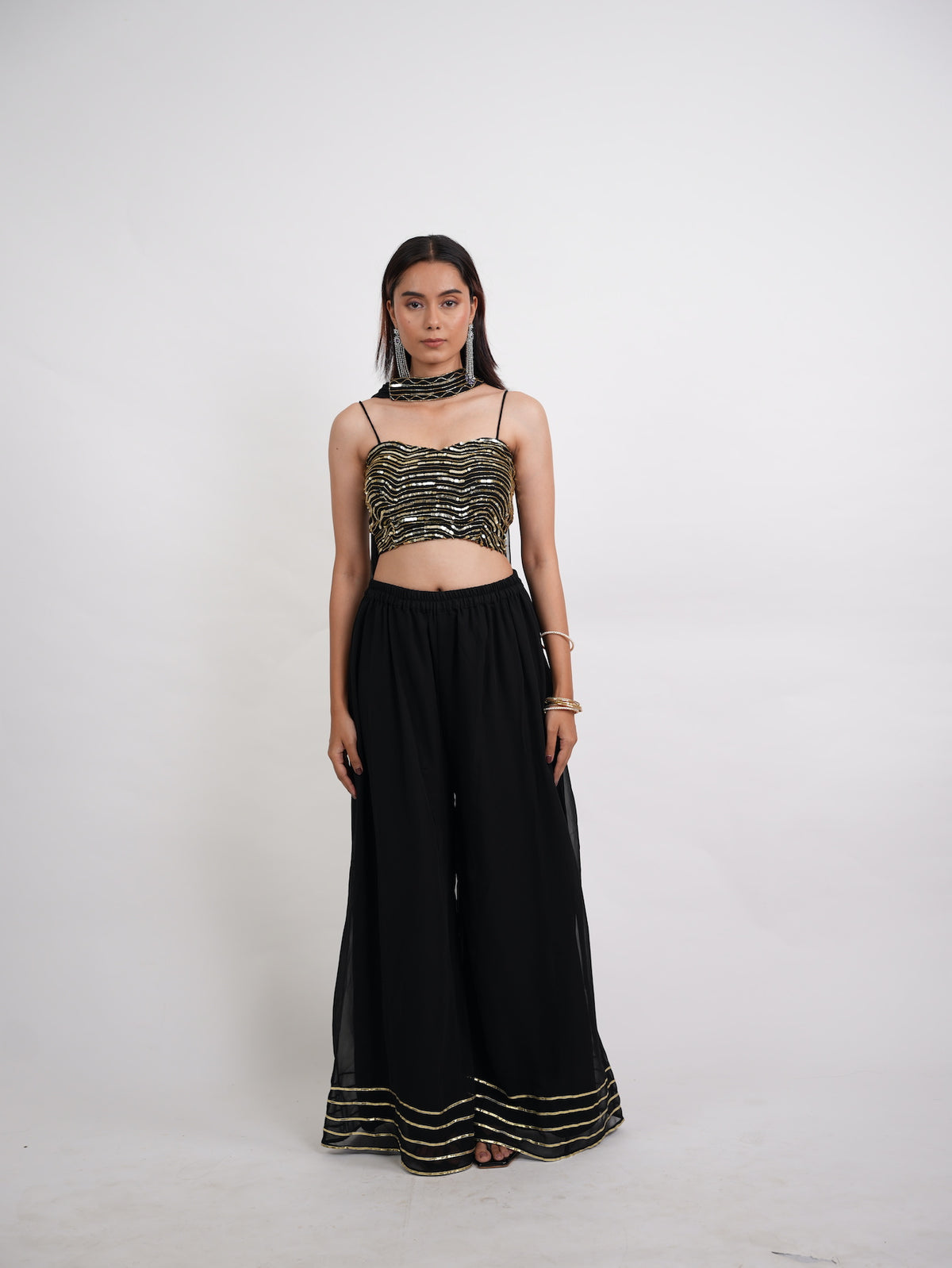 Black & Gold Sequin Crop Top Sharara Set