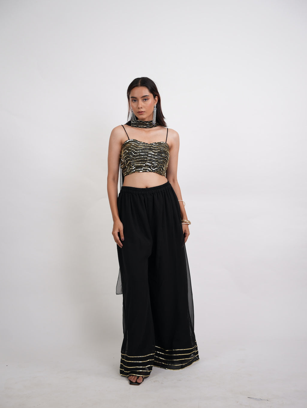Black & Gold Sequin Crop Top Sharara Set
