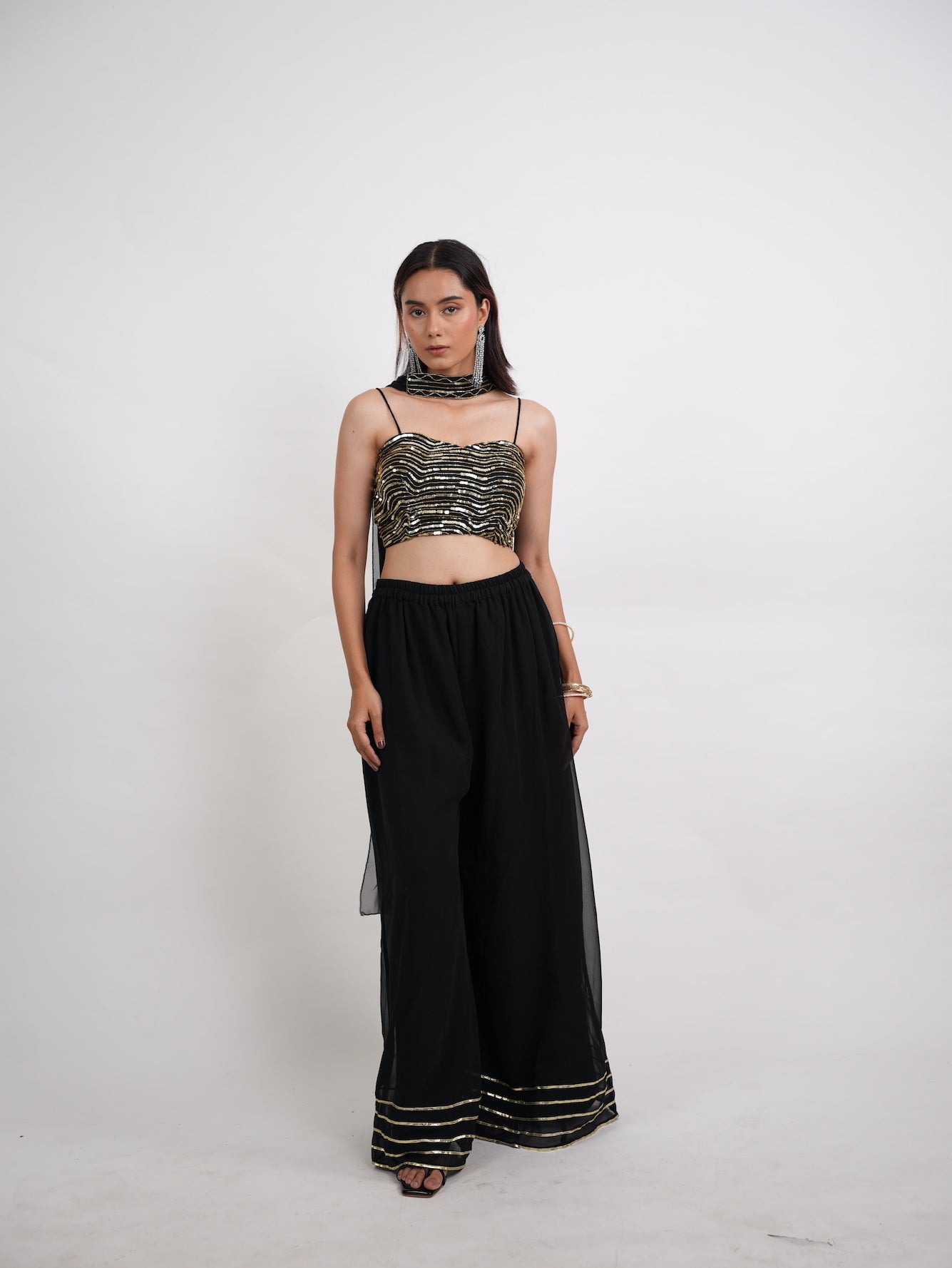 Black & Gold Sequin Crop Top Sharara Set