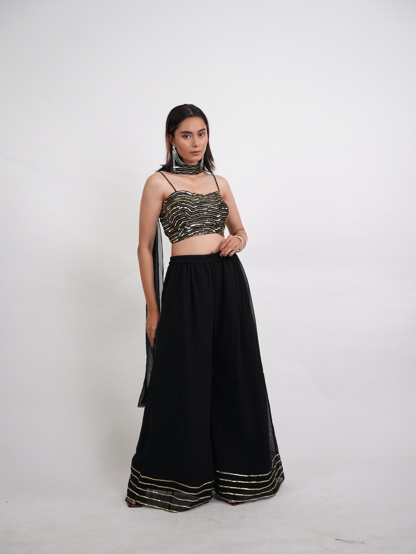 Black & Gold Sequin Crop Top Sharara Set