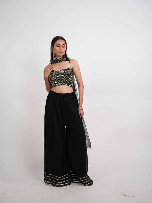 Black & Gold Sequin Crop Top Sharara Set