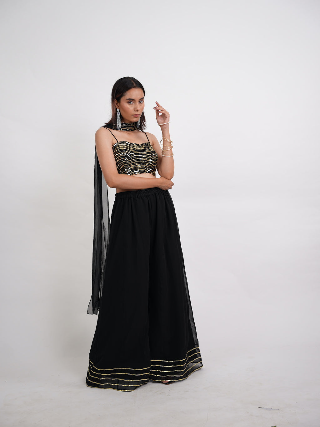 Black & Gold Sequin Crop Top Sharara Set