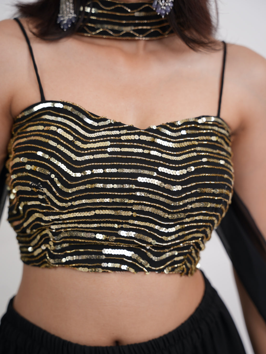 Black & Gold Sequin Crop Top Sharara Set