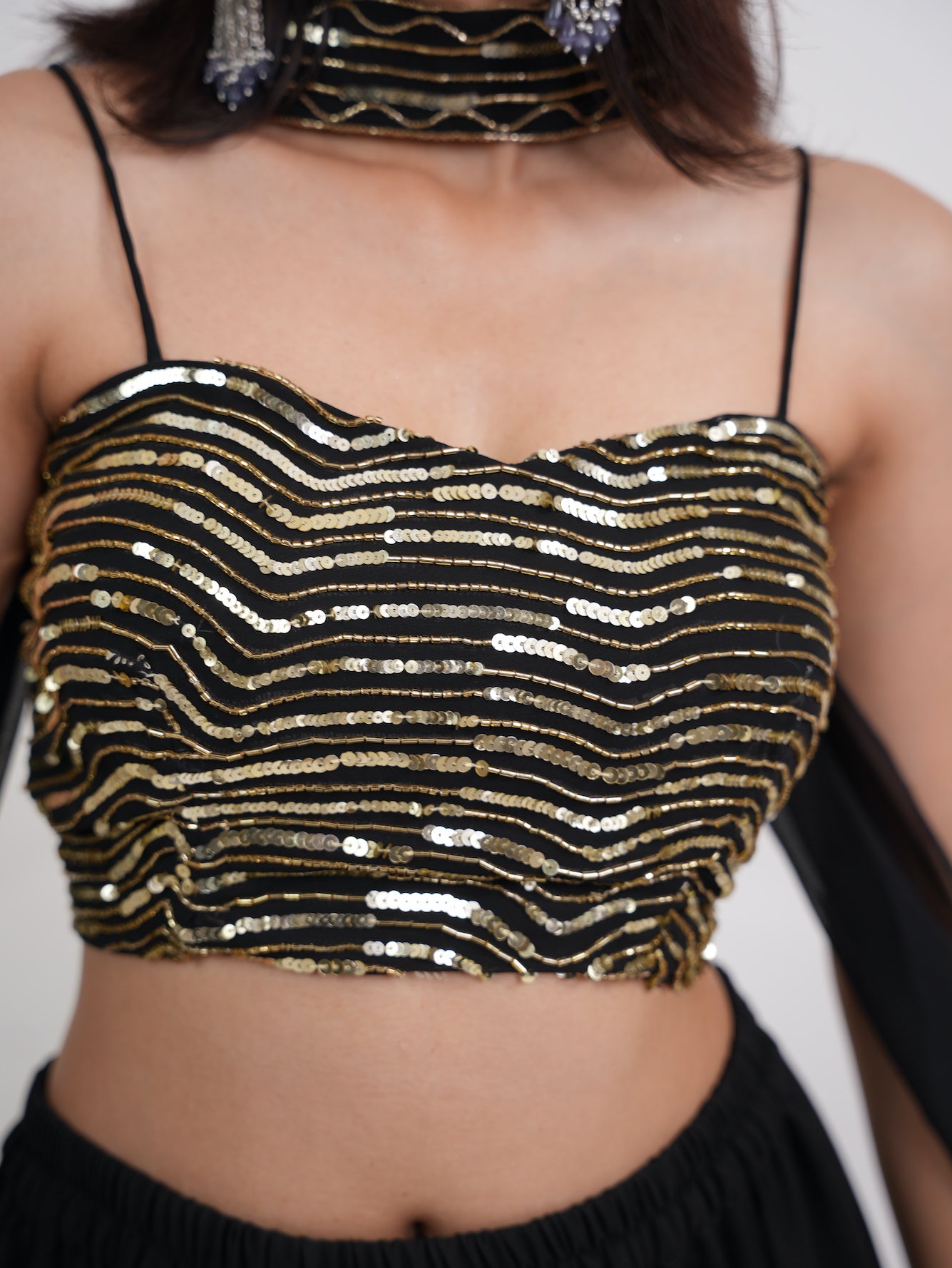 Black & Gold Sequin Crop Top Sharara Set