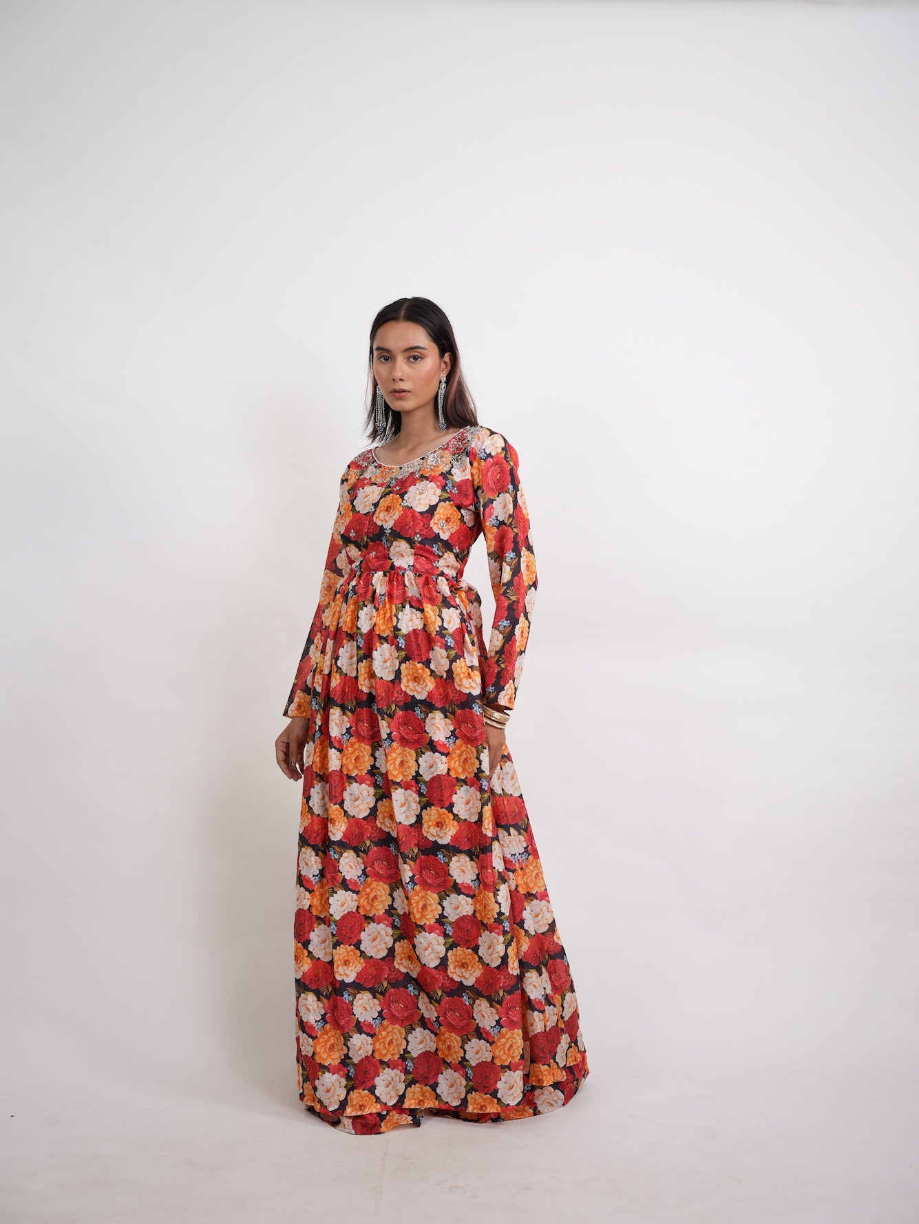 Multicolor Floral Printed Embellished Gown