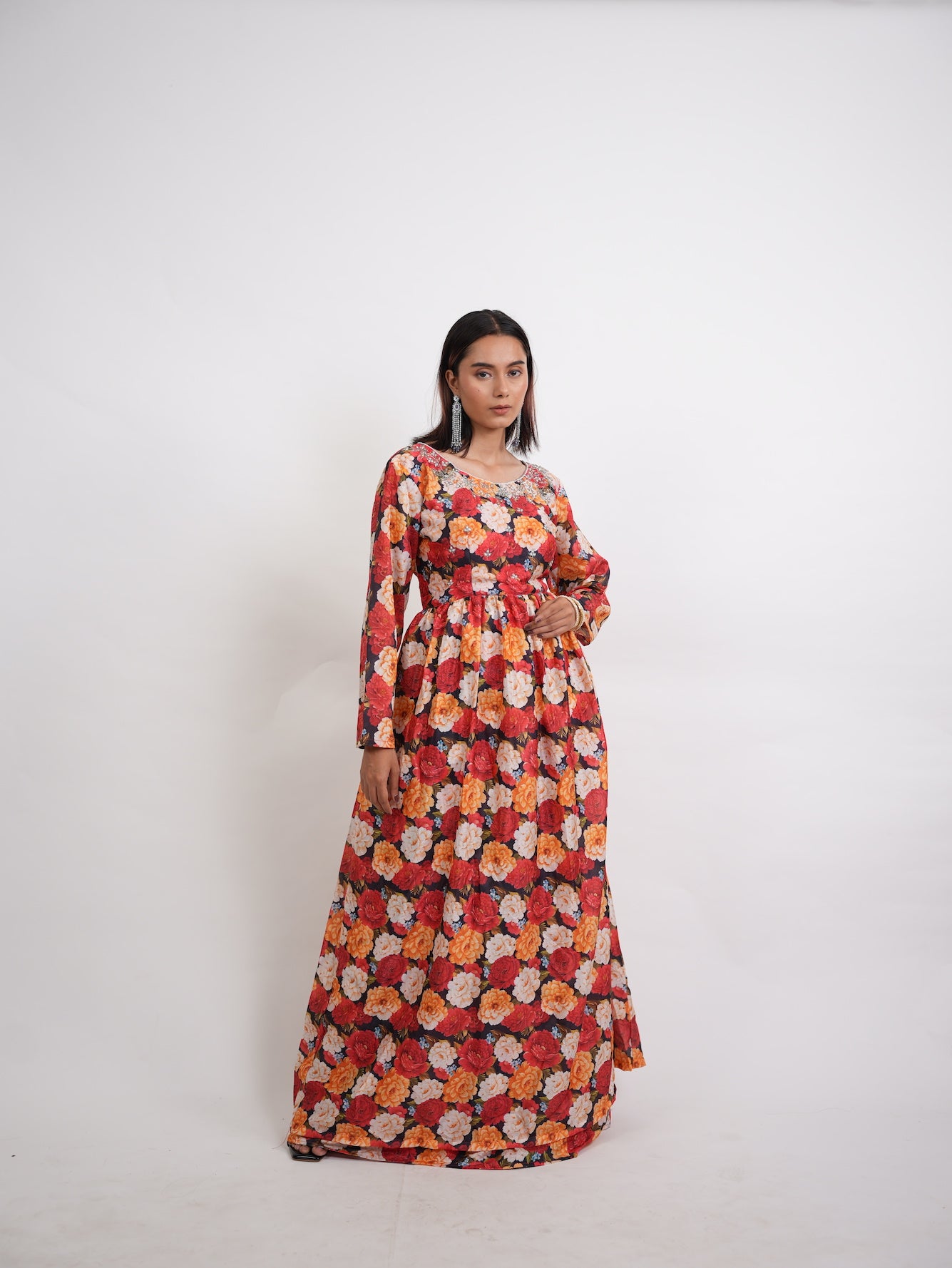 Multicolor Floral Printed Embellished Gown
