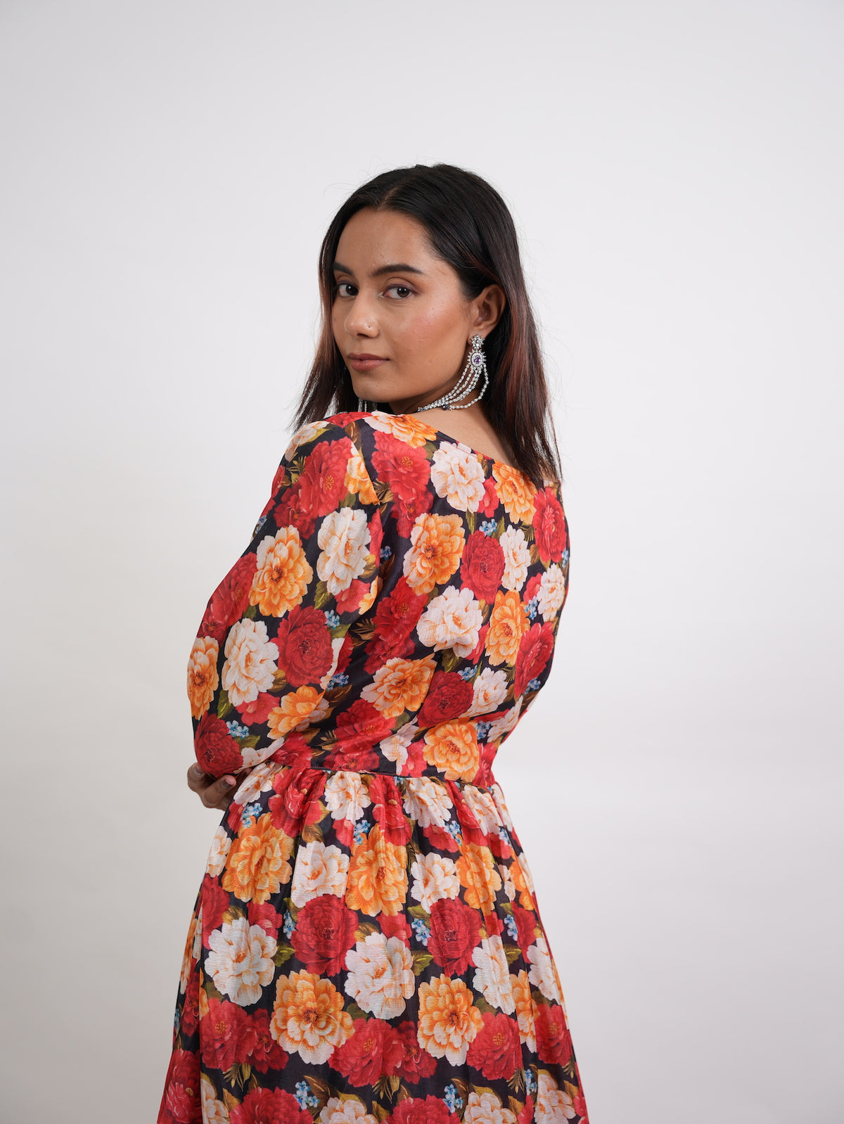 Multicolor Floral Printed Embellished Gown