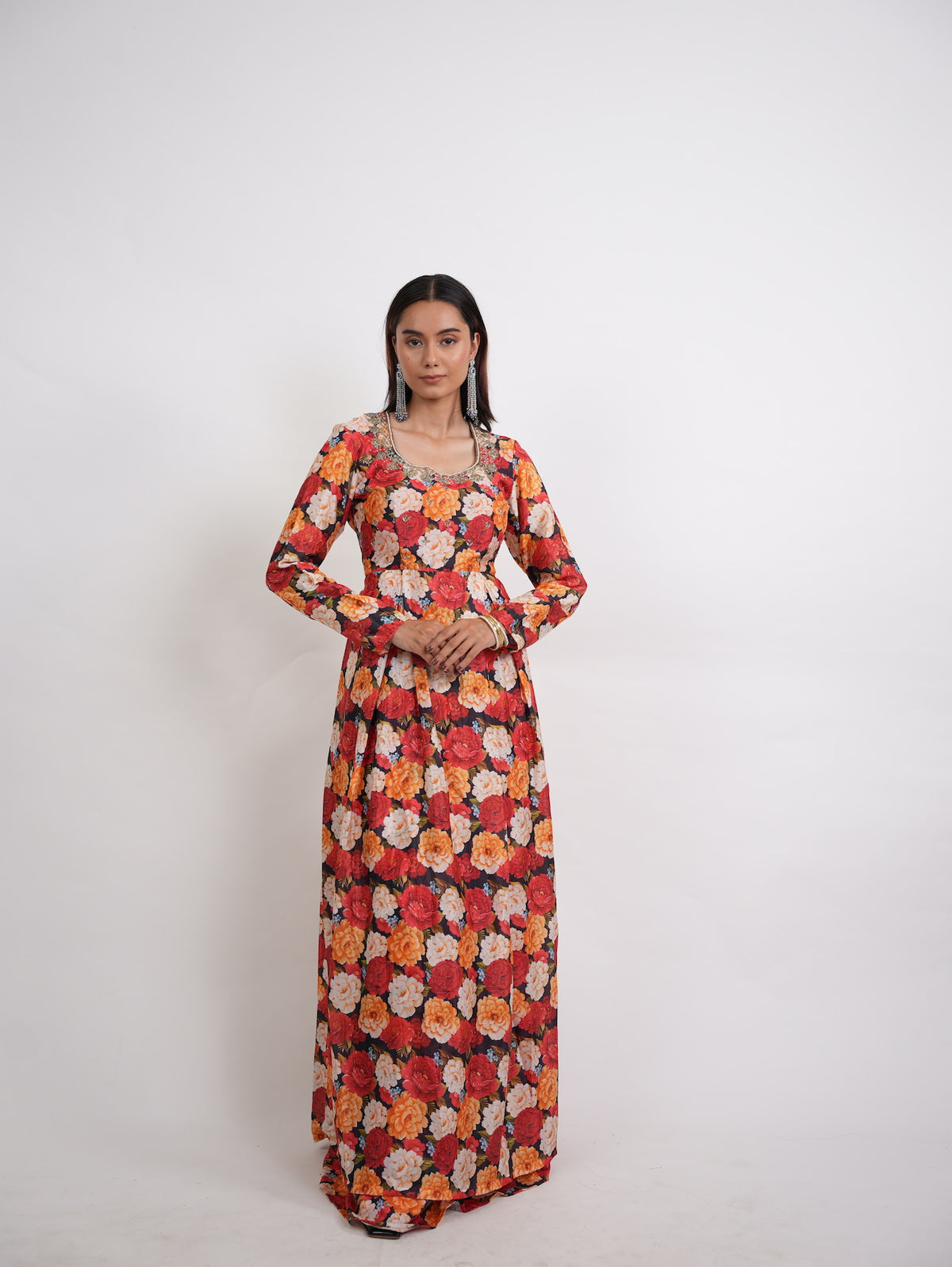 Multicolor Floral Printed Embellished Gown
