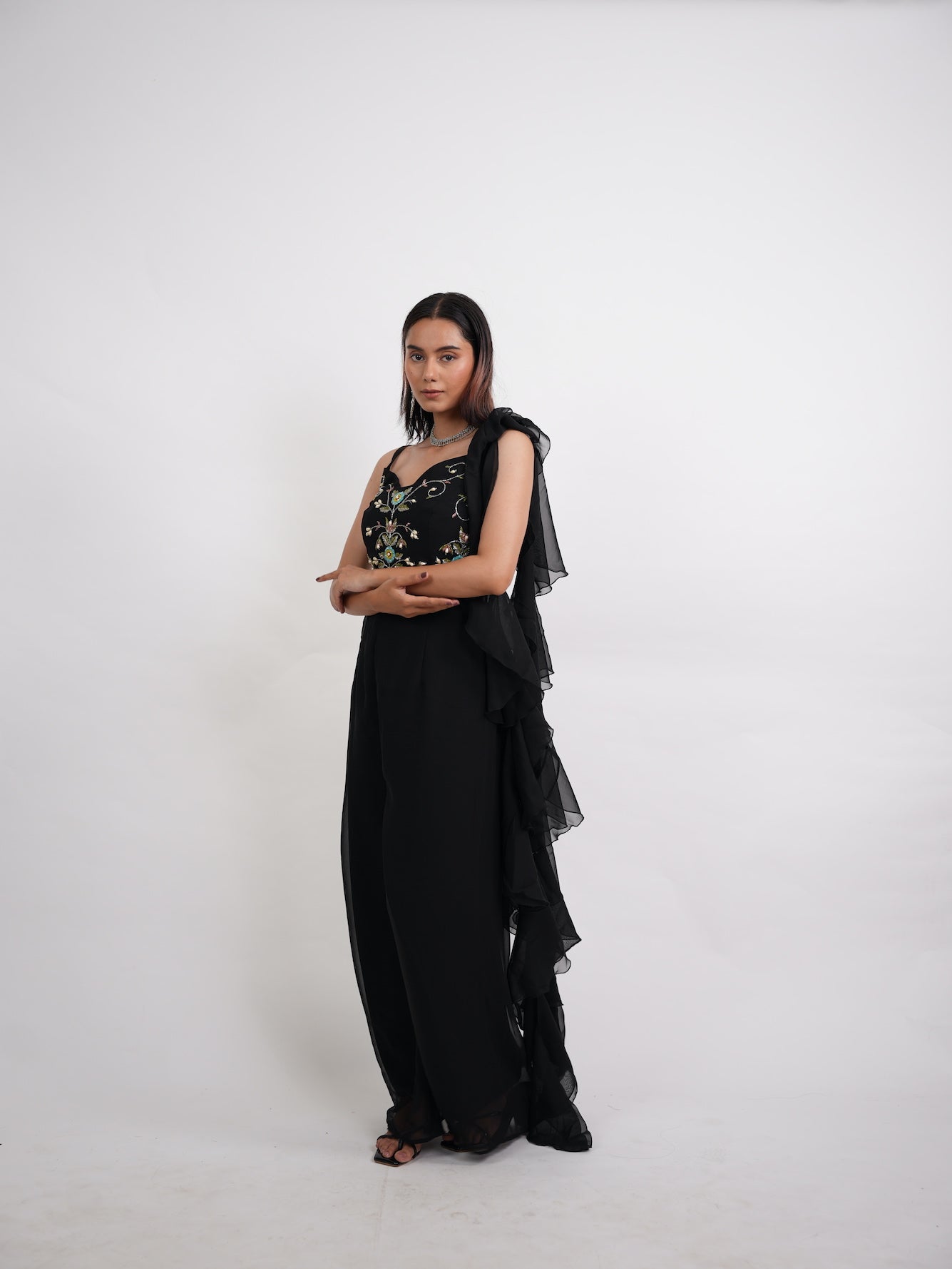 Black Embroidered Crop Top & Ruffled Pants Set