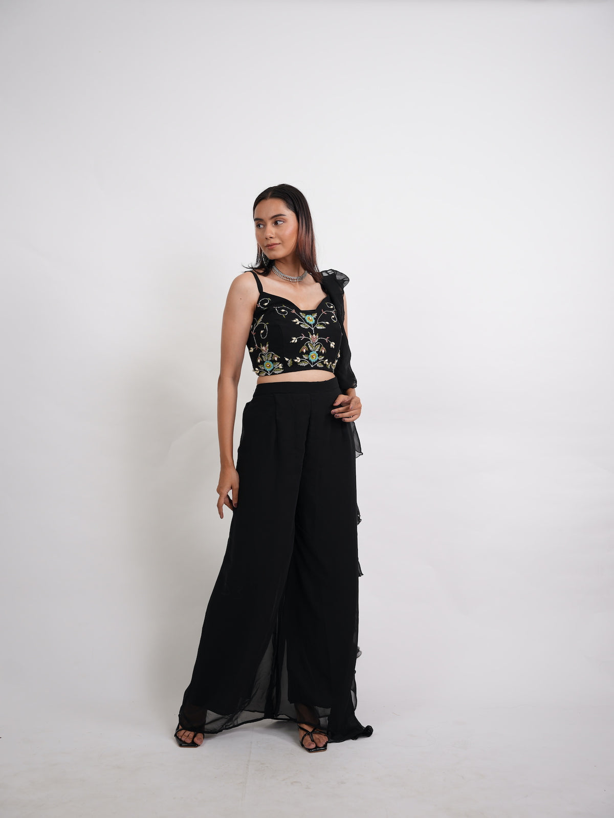 Black Embroidered Crop Top & Ruffled Pants Set