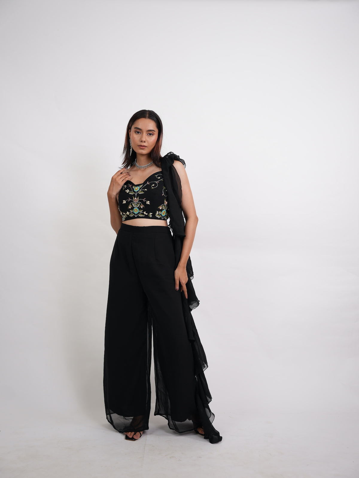 Black Embroidered Crop Top & Ruffled Pants Set