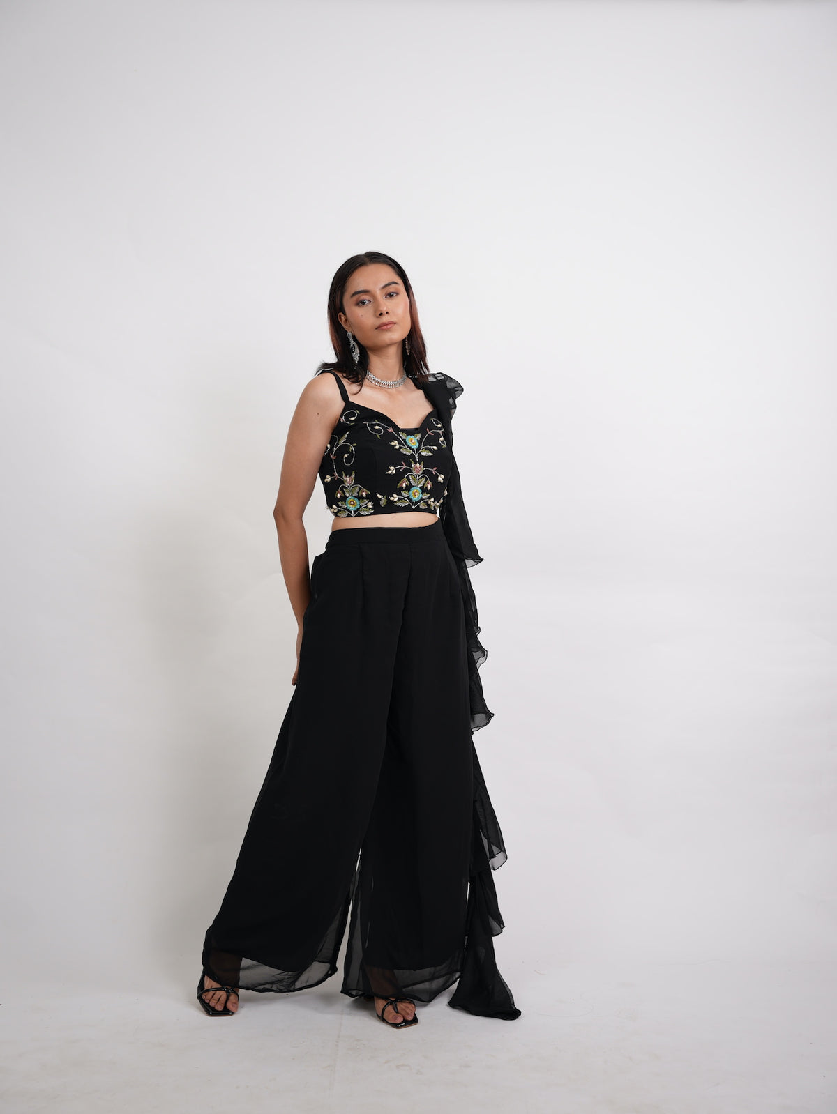 Black Embroidered Crop Top & Ruffled Pants Set