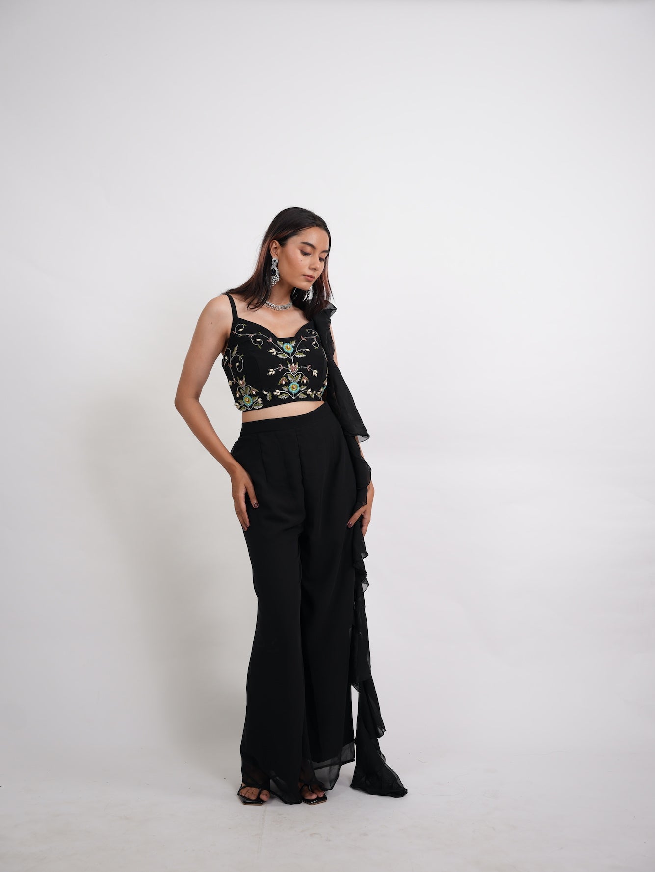 Black Embroidered Crop Top & Ruffled Pants Set
