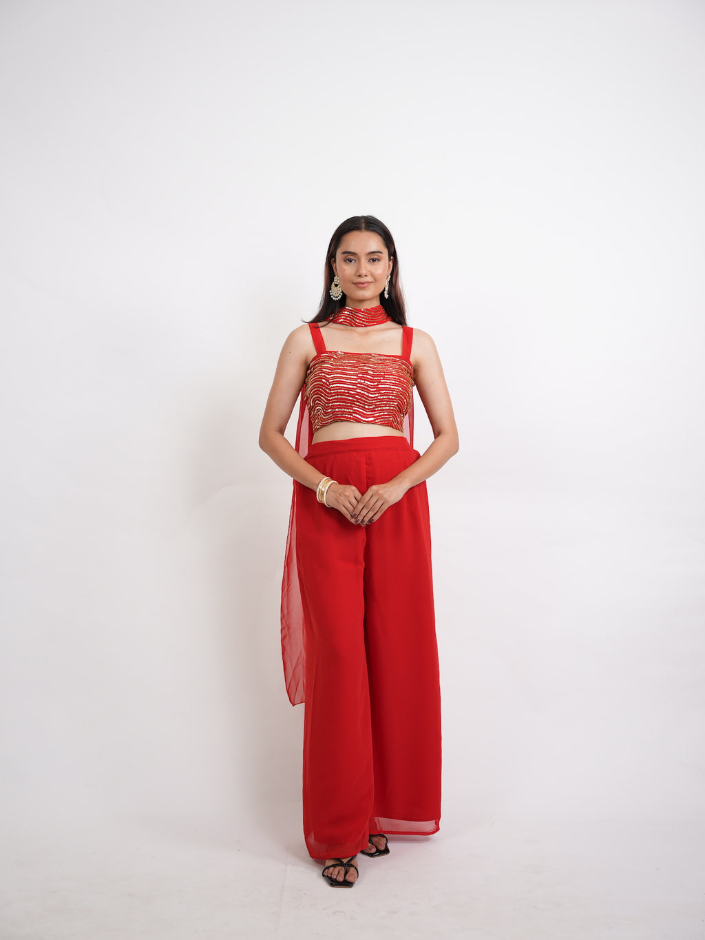 Red & Gold Sequin Crop Top Sharara Set