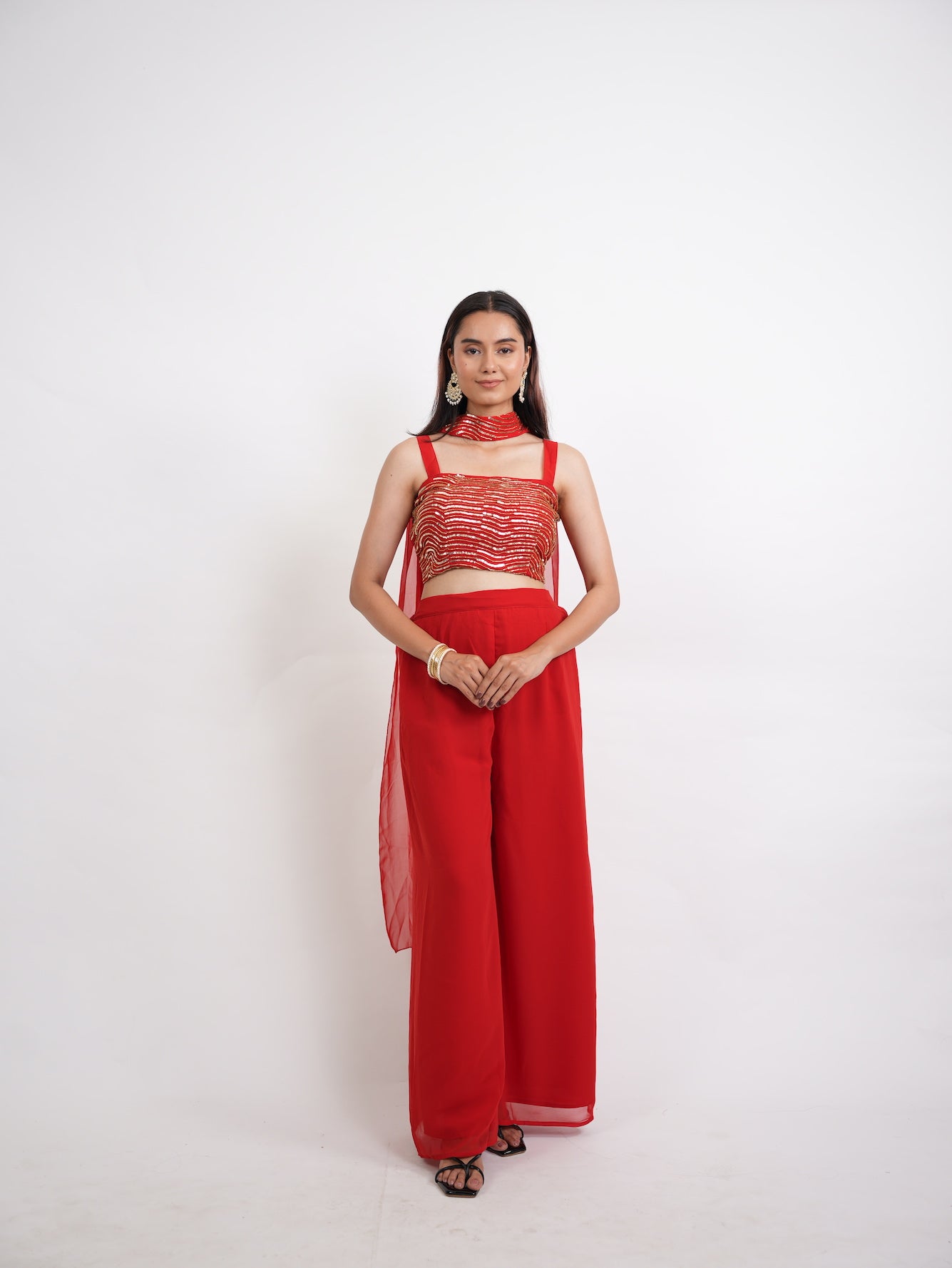 Red & Gold Sequin Crop Top Sharara Set