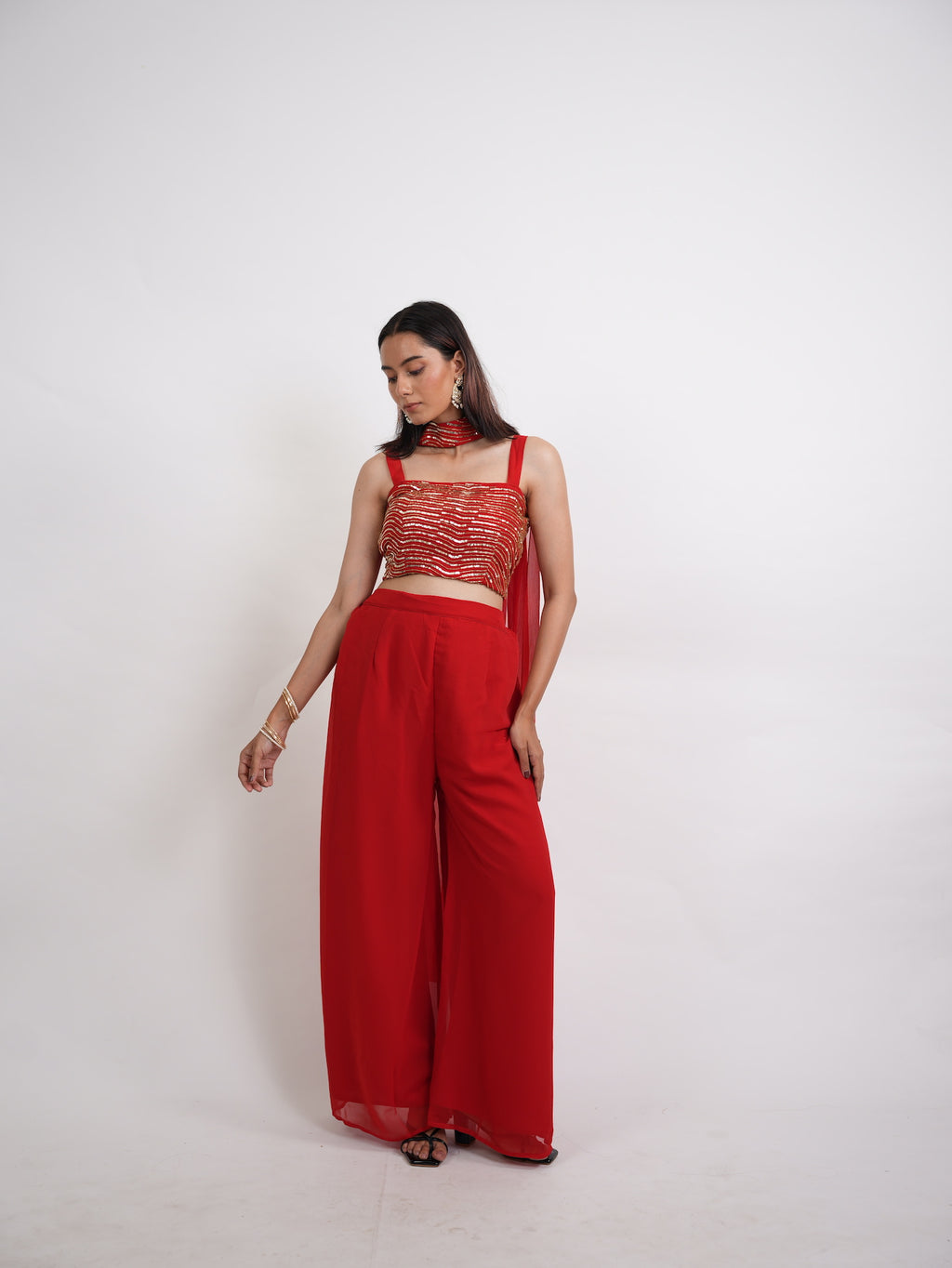 Red & Gold Sequin Crop Top Sharara Set