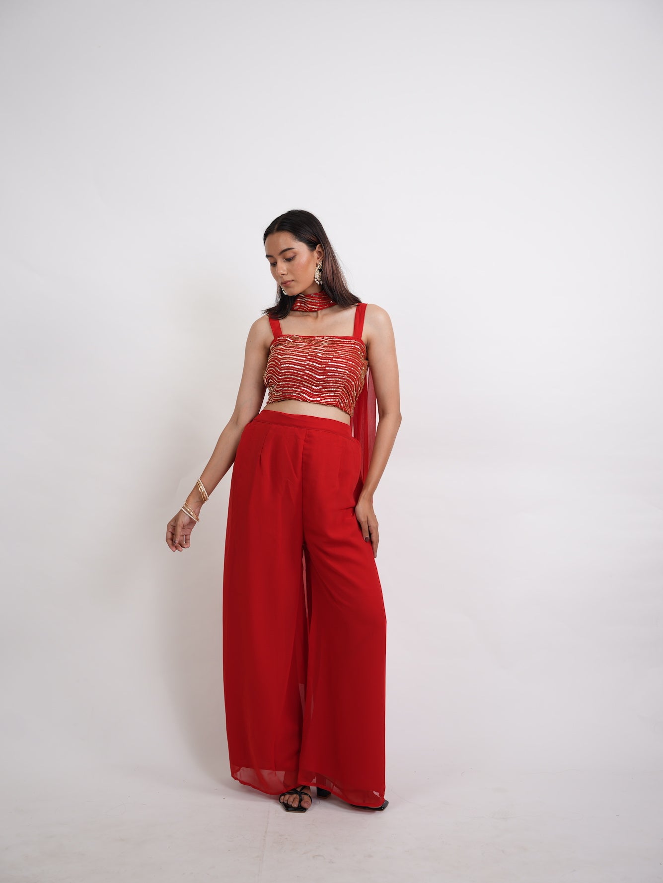 Red & Gold Sequin Crop Top Sharara Set
