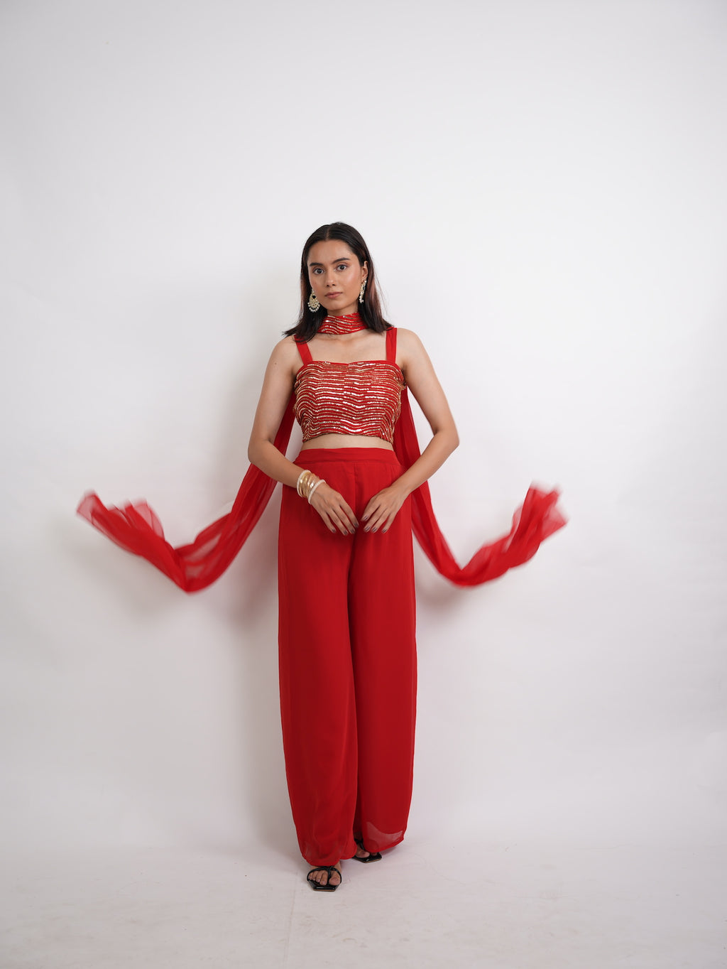 Red & Gold Sequin Crop Top Sharara Set