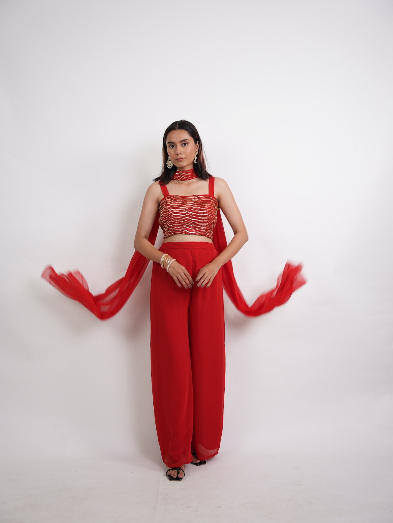 Red & Gold Sequin Crop Top Sharara Set