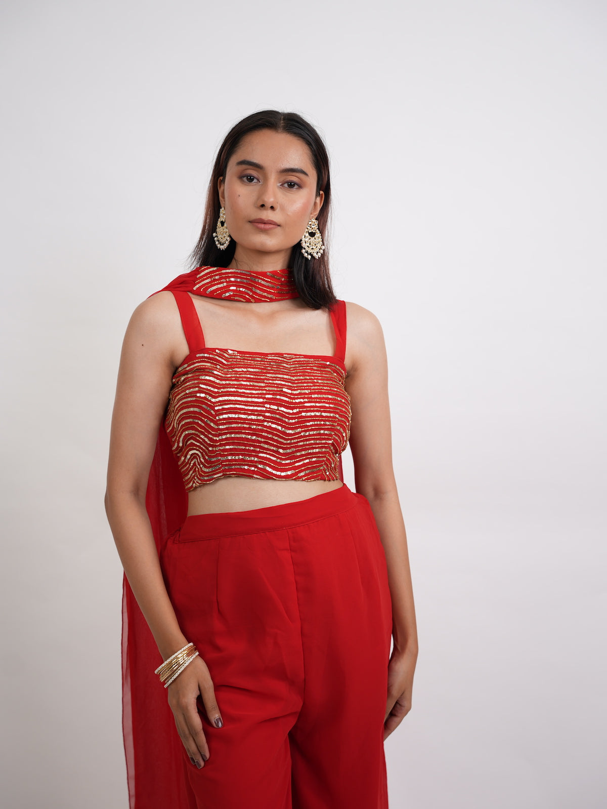 Red & Gold Sequin Crop Top Sharara Set