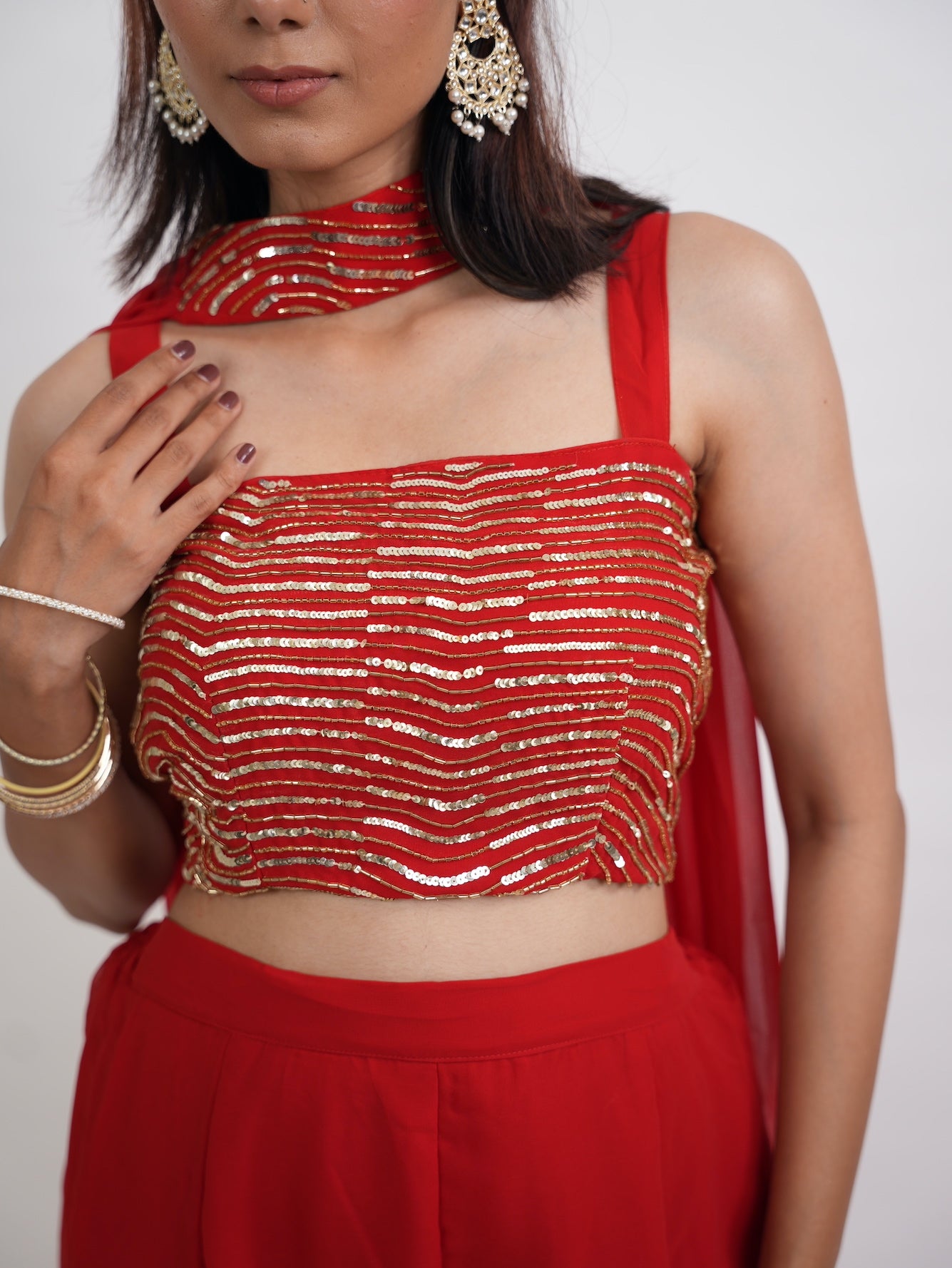 Red & Gold Sequin Crop Top Sharara Set