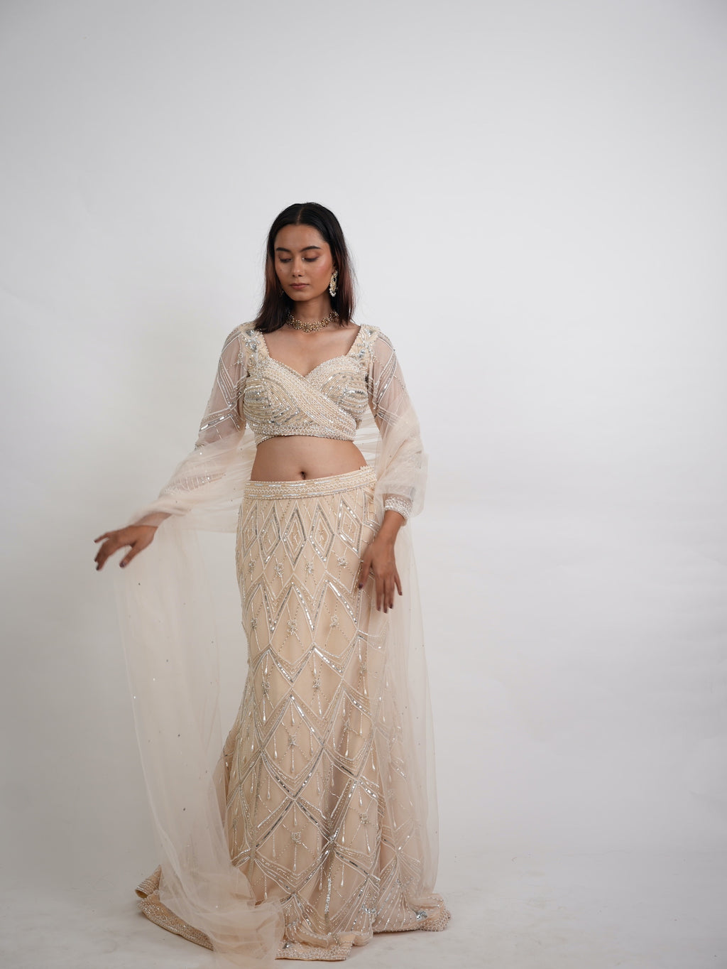 Ivory Sequin Embroidered Mermaid Lehenga Set