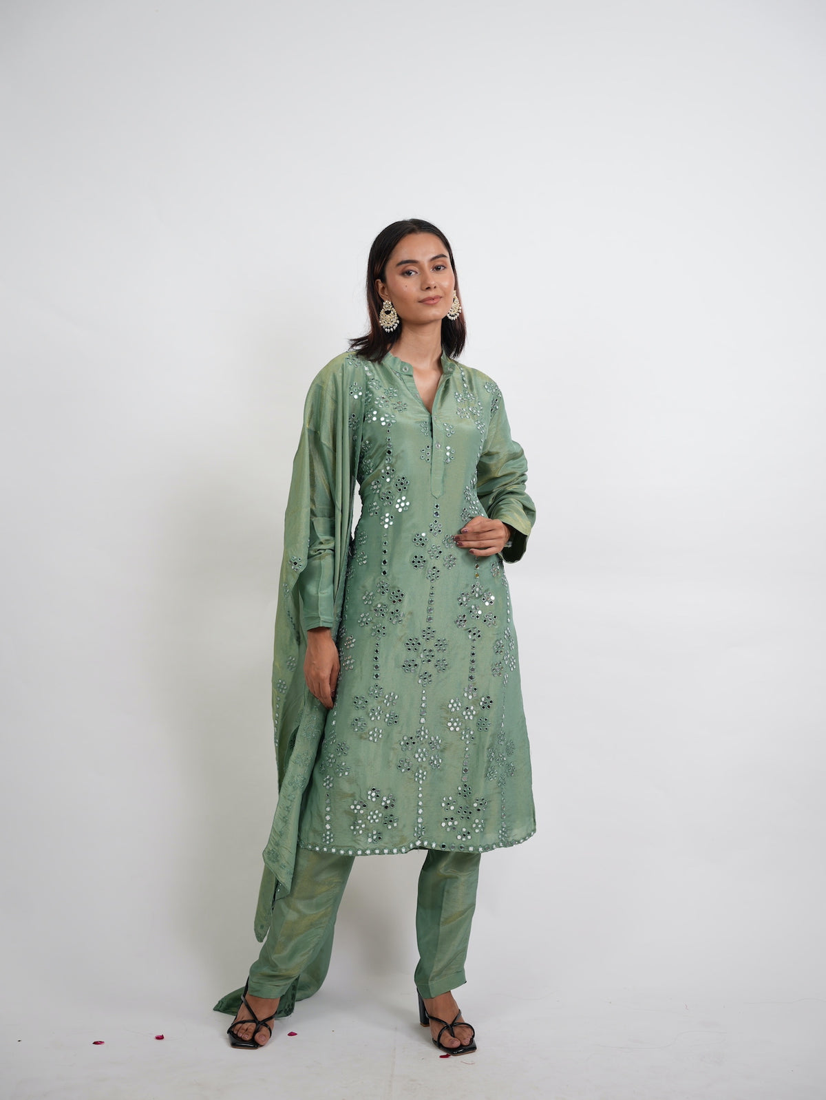 Sage Green Mirror Embroidered Silk Kurta Set
