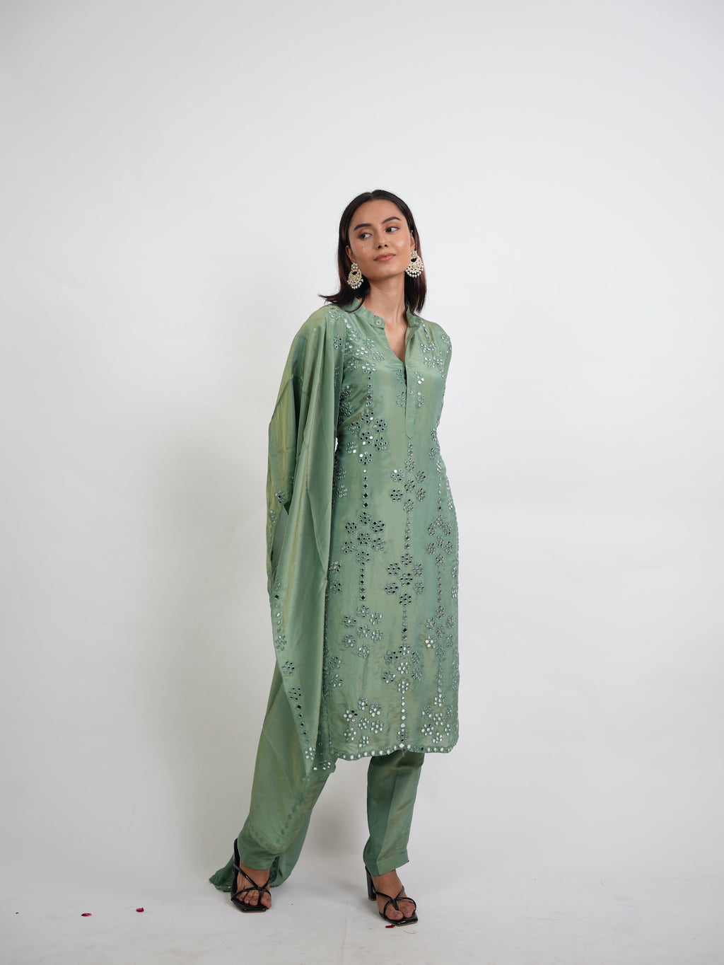 Sage Green Mirror Embroidered Silk Kurta Set