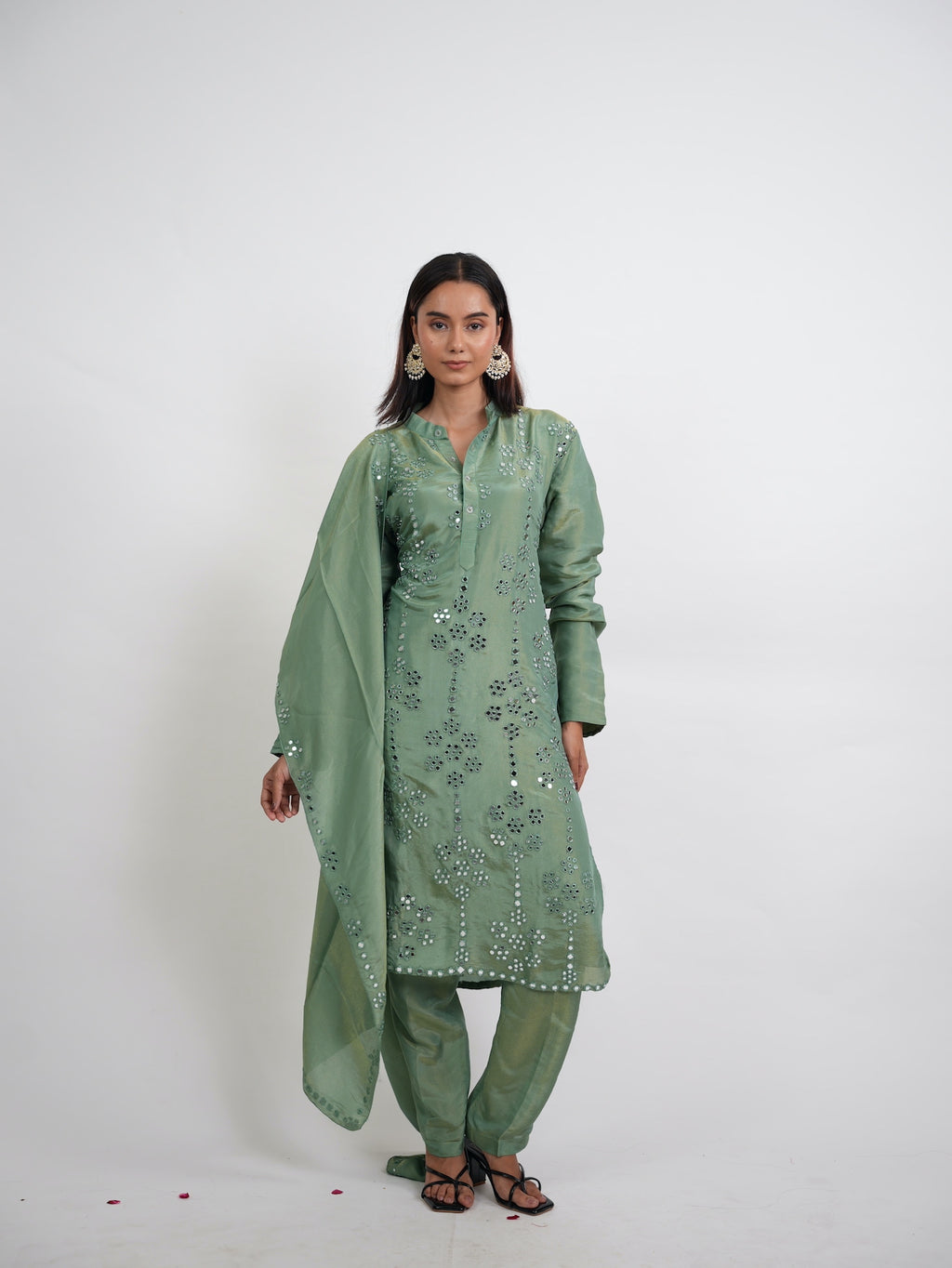 Sage Green Mirror Embroidered Silk Kurta Set