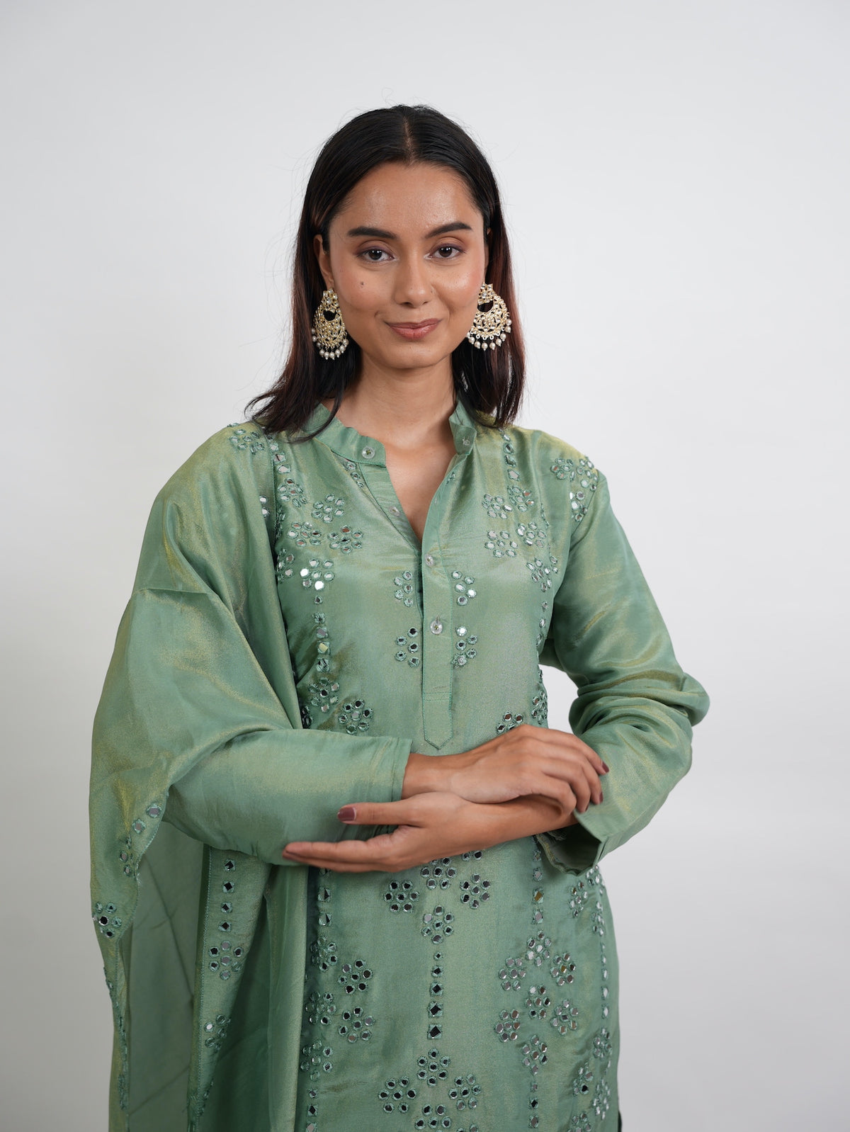 Sage Green Mirror Embroidered Silk Kurta Set