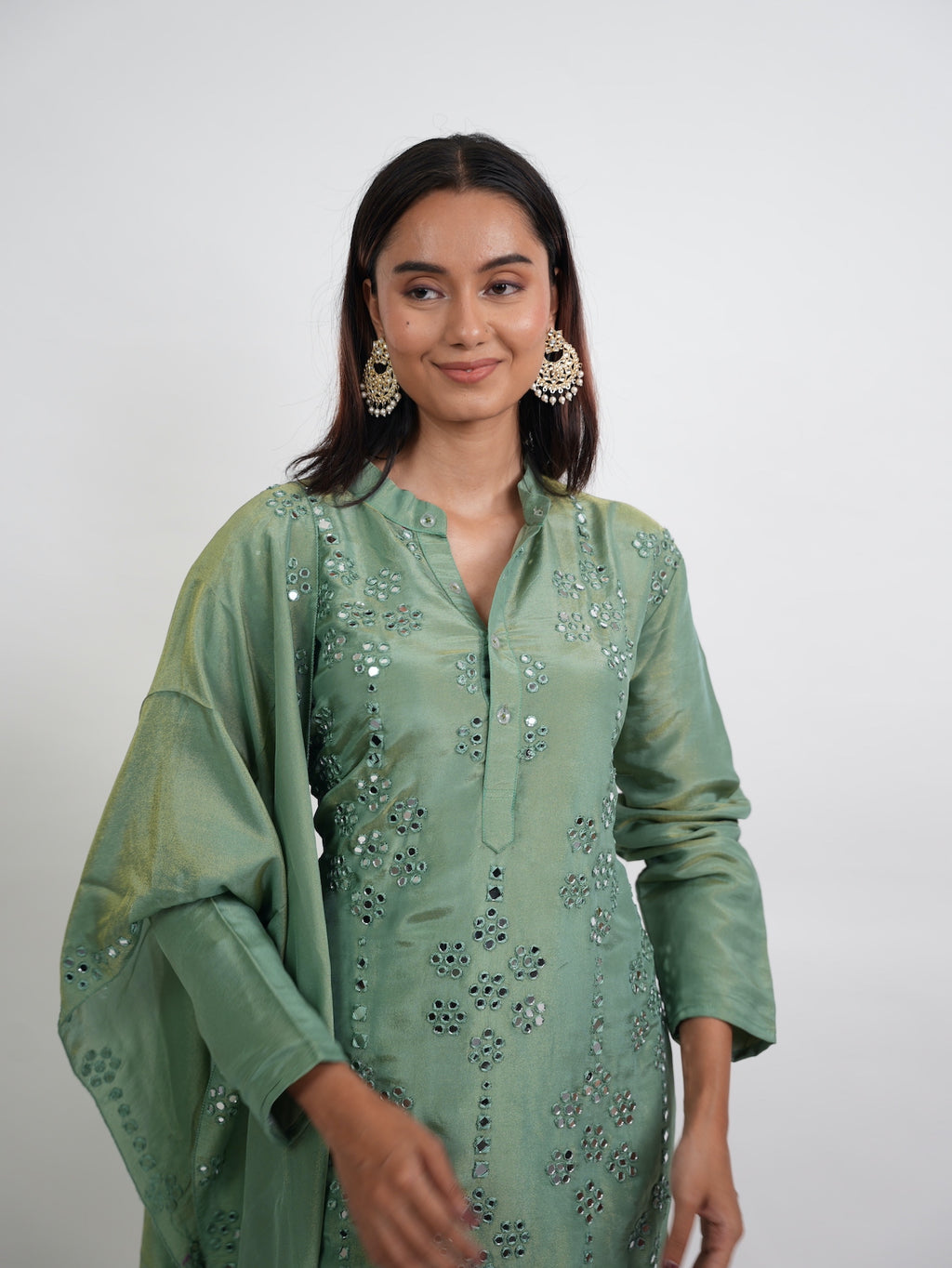 Sage Green Mirror Embroidered Silk Kurta Set
