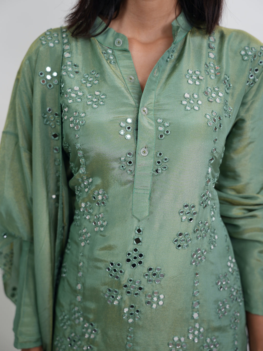 Sage Green Mirror Embroidered Silk Kurta Set