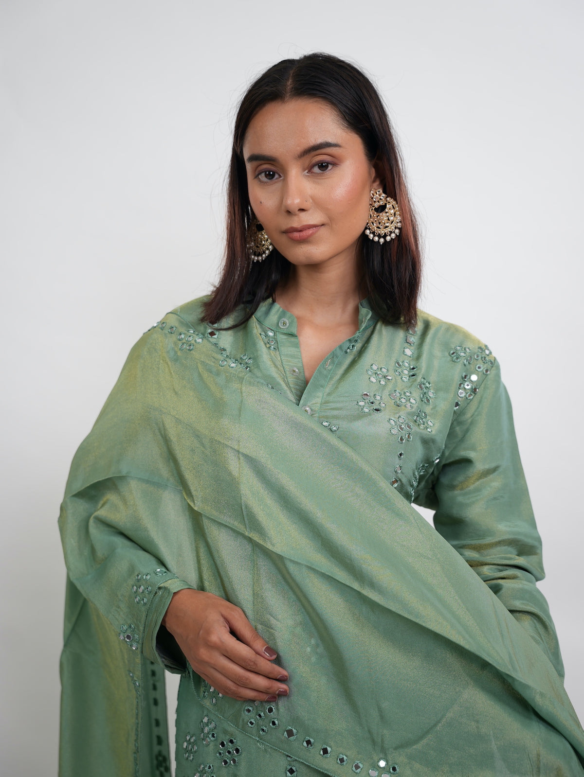 Sage Green Mirror Embroidered Silk Kurta Set