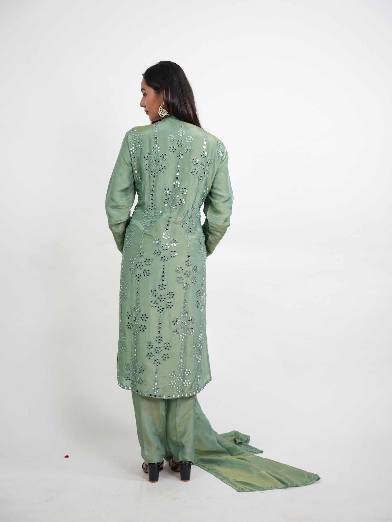 Sage Green Mirror Embroidered Silk Kurta Set