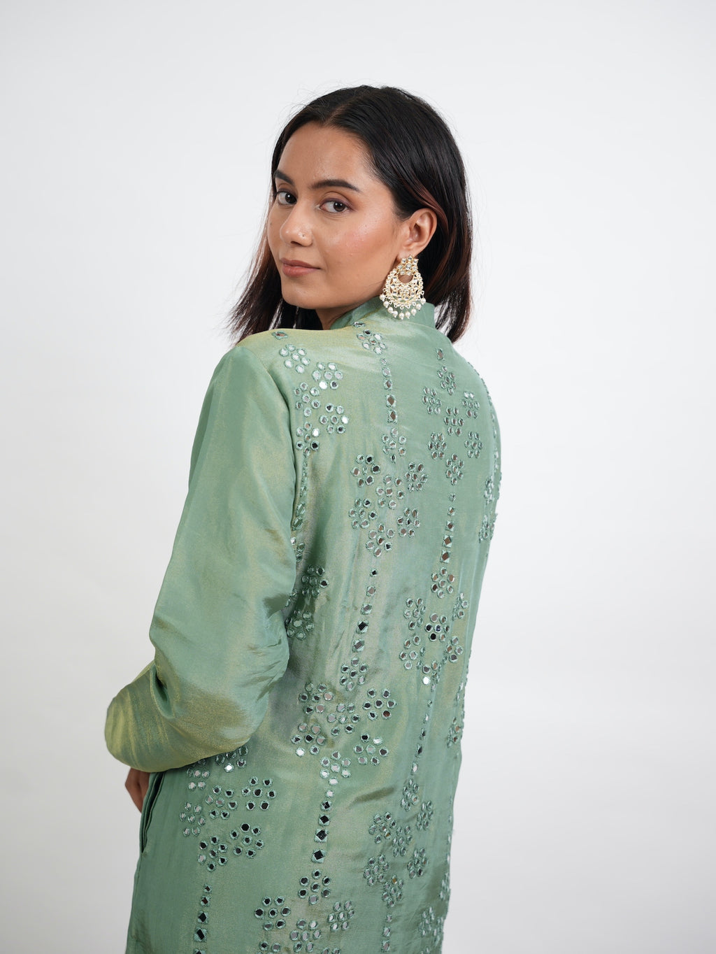 Sage Green Mirror Embroidered Silk Kurta Set