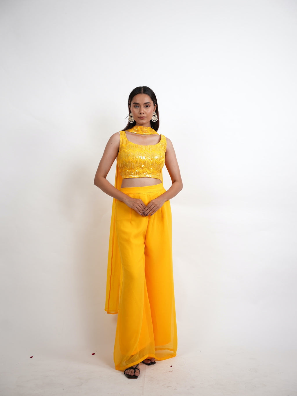 Yellow Sequin Crop Top Sharara Set