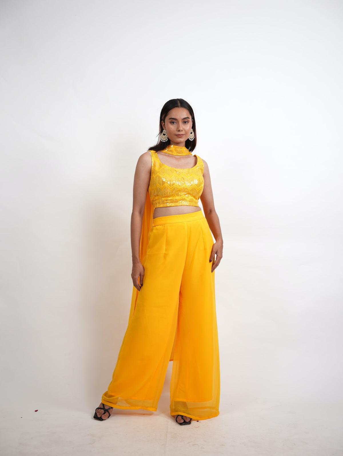 Yellow Sequin Crop Top Sharara Set