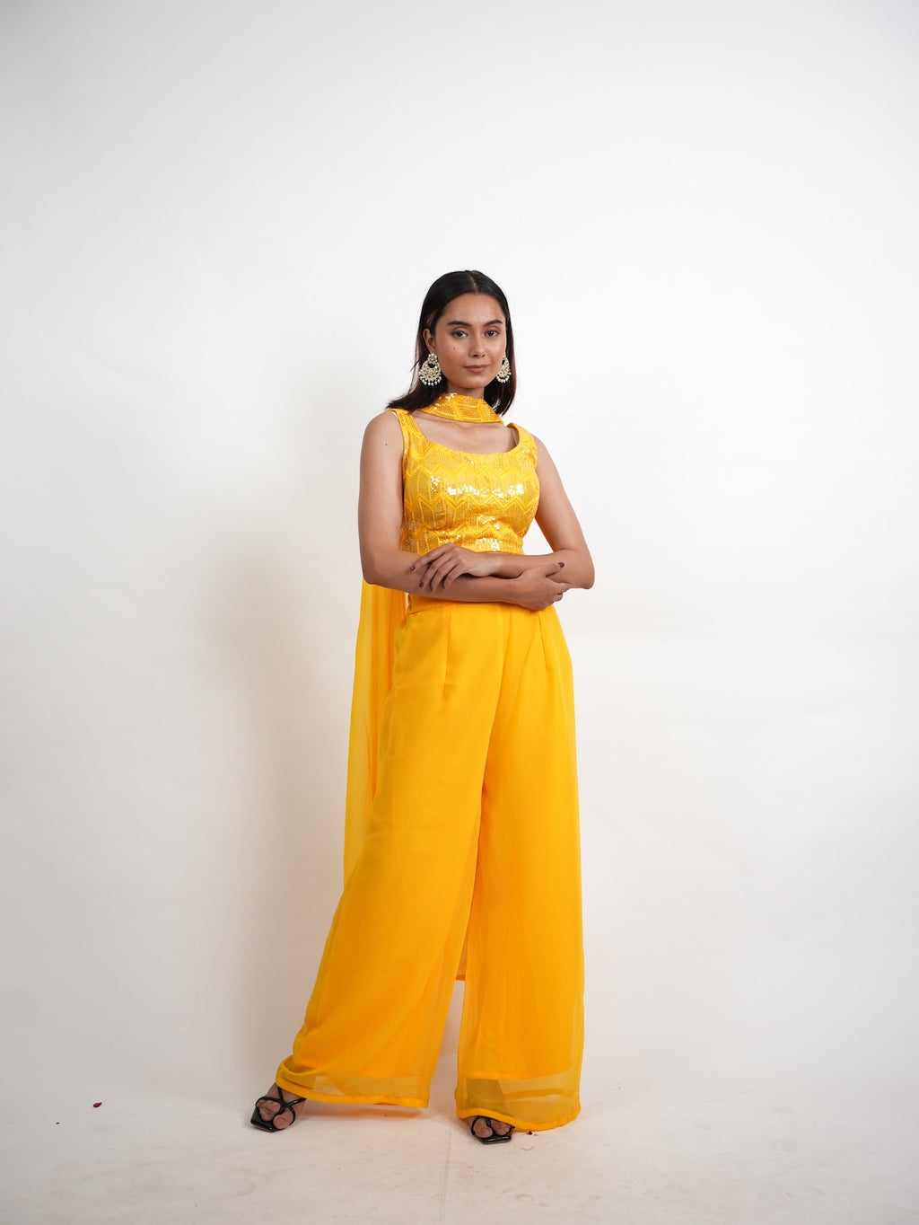 Yellow Sequin Crop Top Sharara Set