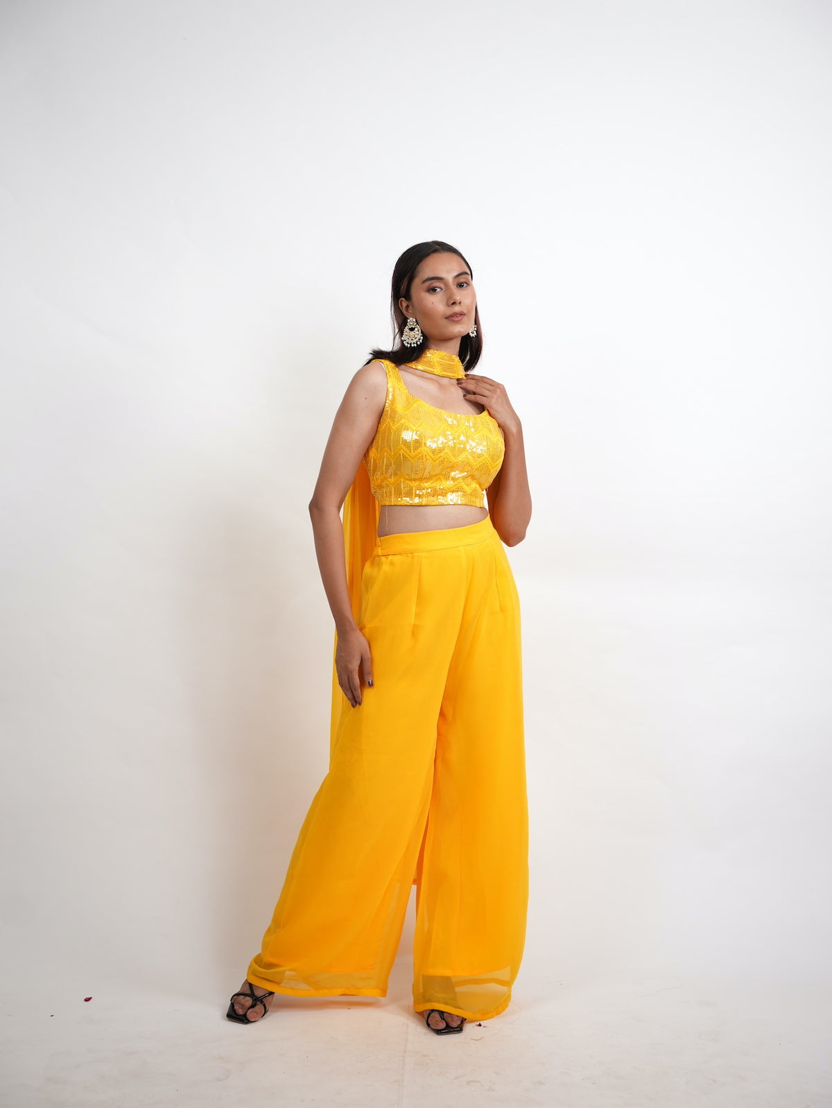Yellow Sequin Crop Top Sharara Set